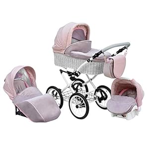 SKYLINE Klassisch Retro Stil Wicker LUX Kombi-Kinderwagen Buggy 3in1 Reise System Autositz (Isofix) (Light Pink/14 "Räder)