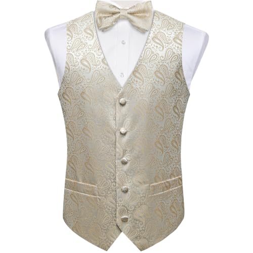 Image of DiBanGu Mens Paisley Suit Waistcoat,Silk Dress Vest and Bowtie Pocket Square Cufflinks with Lapel Pin Set for Wedding Tuxedo