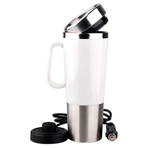 400ml Vacuum Insulated Stainless Steel Travel Mug Car Cup with charger car Boiling Mug Electric Kettle Boiling Vehicle Thermos with DC12V Heating Cup (white) Cover