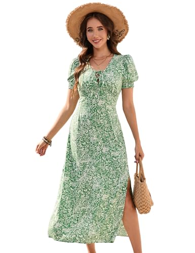 YesFashion Damen Kleid Sommer V-Ausschnitt Sommerkleid Maxi Kurzarm mit Blumenmuster Elegent Wickelkleid Strandkleid Partykleid Freizeitkleid Grün XL