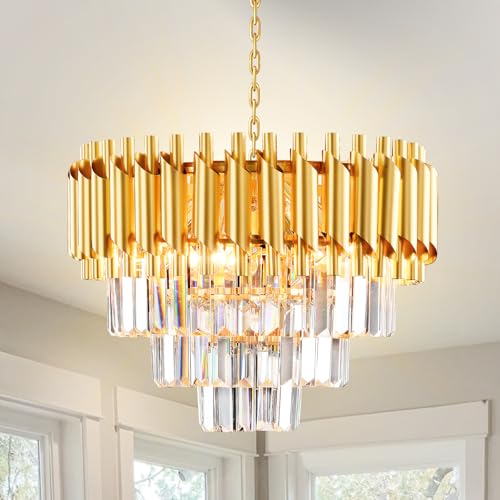 Lustre Golden Crystal Chandelier Lights, Modern Crystal Pendant Light, 3-Tier Raindrop Chandelier Light Fixture, 5xE14 lumières, pour le salon, la salle à...