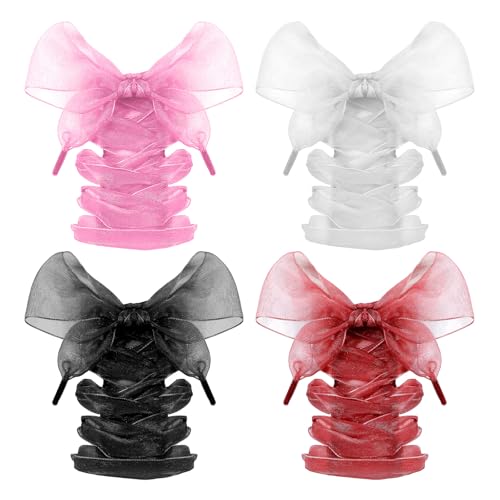 Apojgitn 4 Pairs Ribbon Lace Shoe Laces, Soft Organza Flat Shoe Laces Fancy Snow Yarn Shoelace 4CM Wide Fashion Colorful Shoelaces for Ladies Women Girls Sneakers Sports Shoes (4 Color)