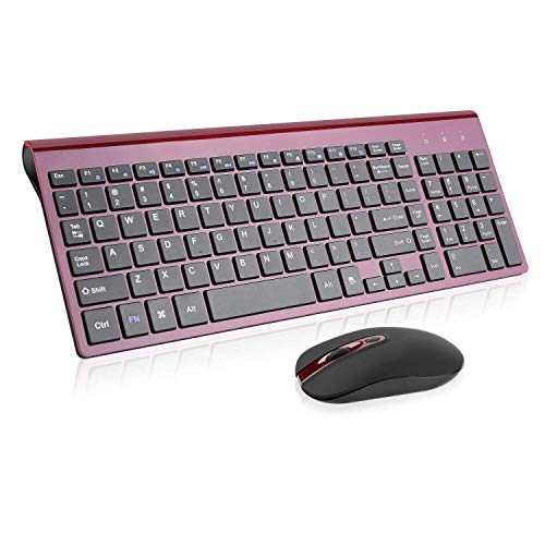 Wireless Keyboard Mouse Combo, Cimetech Compact Full Size Wireless Keyboard and Mouse Set 2.4G Ultra-Thin Sleek Design for Windows, Computer, Desktop, PC, Notebook - (Wine red) (Renewed)
