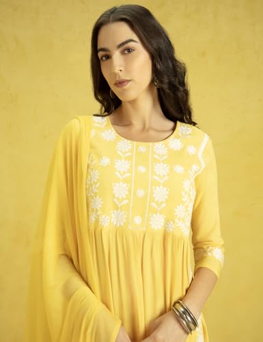 Image of Kaari Women's Chikankari Kurta Set with Dupatta -Fit & Flare Fit | Chiffon Dupatta with Embroidered Band | Straight Pant with Side Pocket | Kurta Set For Women