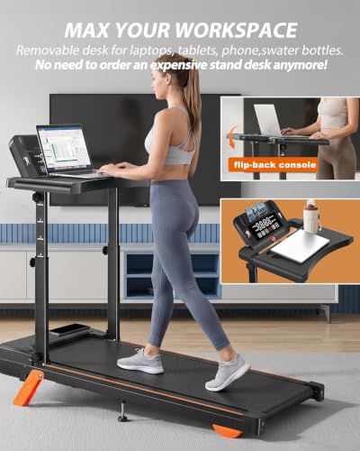 Image of 12% Incline Multifunctional Walking Pad with Height-Adjustable Handle Bar and Built-in Removable Desk, 8.0MPH /3.5HP Small Treadmill, 350LBS Weight Capacity Compact Treadmills (Black Orange)