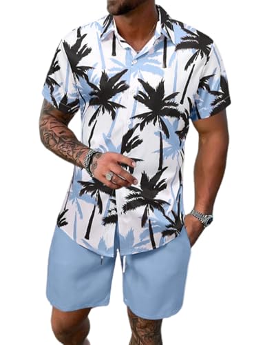 Image of Yimoon Men's Summer 2 Piece Outfits Tropical Print Short Sleeve Button Down Hawaiian Beach Shirt and Shorts Set