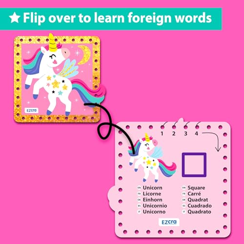 Image of KRAFUN Princess Unicorn Holographic Lacing Cards Age 3+ | 10 Projects | Holographic foil cards: Princess, Unicorn, Fairy & Castle. Fine motor skills. Premium gift for girls age 3+