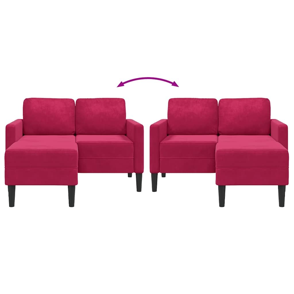 Sofá de 2 plazas con chaise longue en forma de L, color rojo vino, 125 cm, terciopelo y patas de metal, sofá de salón acogedor