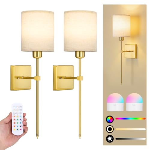 Image of Battery Operated Wall Sconce Set of 2, Wireless Wall Light Gold | Battery Operated Wall Sconce 5300mAh Rechargeable Dimmable Bulb, 12 Colors Wireless Wall Sconces for Bedroom Living Room