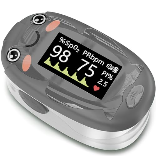 Image of Alecaremed Pulse Oximeter for Kids, Adorable Animal Children Oxygen Monitor Fingertip with 20 x Memory, 4 Color OLED Display Blood Oxygen Saturation Monitor with Alarm, Batteries and Lanyard (Grey)