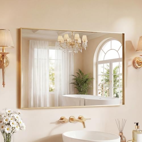 Image of Sweetcrispy Bathroom Mirrors for Over Sink, 24 inch x 36 inch Rectangle Wall Mount Mirror with Metal Frame, Modern Vanity Mirror with Tempered Glass, for Home Decor, Anti-Rust, Gold