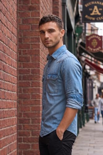 Image of Louis Philippe Men's Slim Fit Classic Denim Wash Stylized Fashion Full Sleeve Casual Shirt