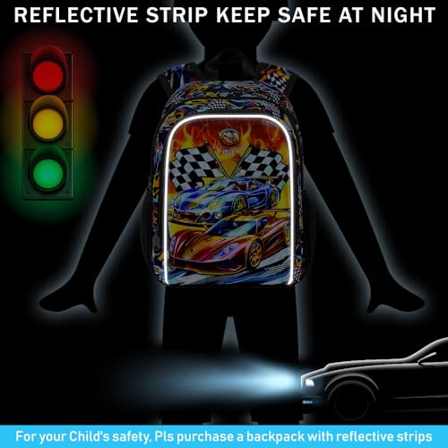 Reflective Safety Toddler Backpack for Boys – Race Car Kindergarten Bookbag with Adjustable Straps, Lightweight Preschool Bag for Little Kids2