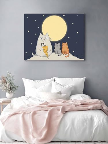 Vandaluuki アートパネル 和風 可愛い猫 猫 月 紺色 アートボード ポスター 80x60cm 壁掛け 壁画 壁飾り 部屋飾り 飾り絵 絵画 インテリア ソファの背景画 完成品 モダン 現代 玄関 部屋 リビングルーム ギフト