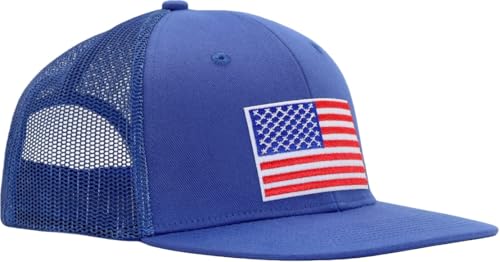 Image of Men Flat Bill USA Flag Mesh Hat Fits OSFM&XXL Head | Snapback Trucker Cap | 250th US Anniversary Veterans Memorial Day Gifts
