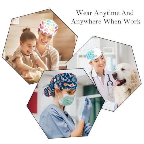 Image of Women's Working Caps Bouffant Surgical Cap with Bow Scrunchies Little Daisy Art Paint Ponytail Holder Tie Back Scrub Hat