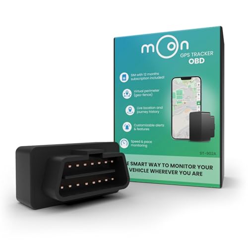 MOON GPS Tracker OBD per Macchina e Moto - Pronto all'Uso con abbonamento 12 Mesi Inclusi, Montaggio facile e Registrazione Veloce