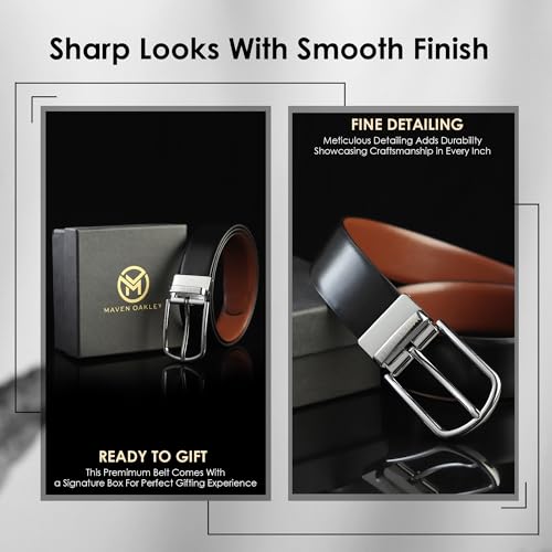 Image of Belts for Men Leather Original, Reversible Black & Brown Formal & Casual Italian Leather Belt with Solid Metal Curved Buckle