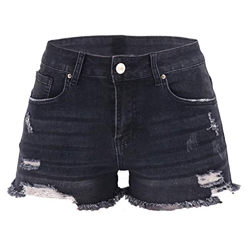 Women High Stretchy Skinny Sexy Butt Lift Distressed Short Cotton Middle Waisted Curvy Ripped Denim Jeans Pants Black M - US 6-8