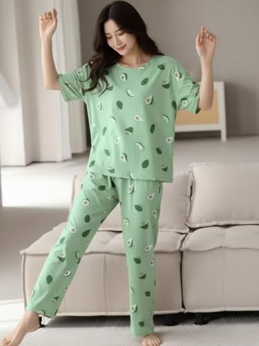 Image of Women's Korean Style Night Suit Set | Cotton Half Sleeve Top & Pyjama Set | Round Neck Printed Nightsuit | Comfortable Nightwear & Loungewear for Women | Sleepwear Pjs Lounge Set |Co-ords Outfit