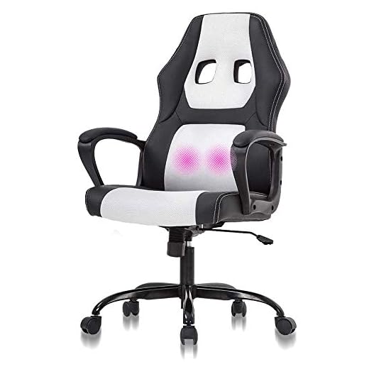 Ergonomic Heavy Duty Leather Racing Video Game Office Chair with Massage Function Lumbar Support PC Office Chair Gaming Desk Chair for Home Office Best Computer Gaming Chairs Video Game Chairs, White
