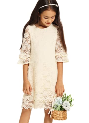 Robe Boheme Fille, Elégant Robe en Dentelle, Robe de Demoiselle d'honneur Fille, Manche 3/4, 12 Ans, Abricot Cover