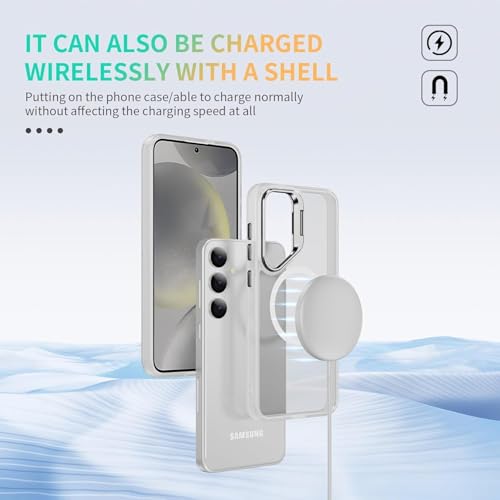 Image of DIZORO TPU+PC Samsung Galaxy S24 FE Case Compatible with Mag Safe & Wireless Charging, with Camera Stand, Military Grade Drop Tested,Translucent Hard Back Soft Edge Back Cover (Camera Stand White)
