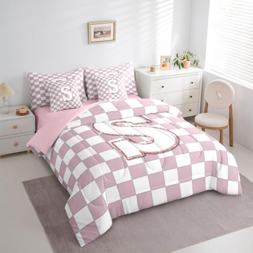 Image of Erosebridal Pink Initial S King Bedding Set 7 Piece Kawaii Plaid Checkered Bed in A Bag with Sheets Cute Personalized Monogram Comforter Set for Kids Girls Teen Women,Fashion Grids Gingham Bed Sets
