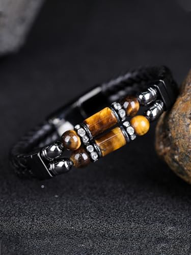 Pulsera de cuero para hombre con piedras naturales ajustable miniatura 2