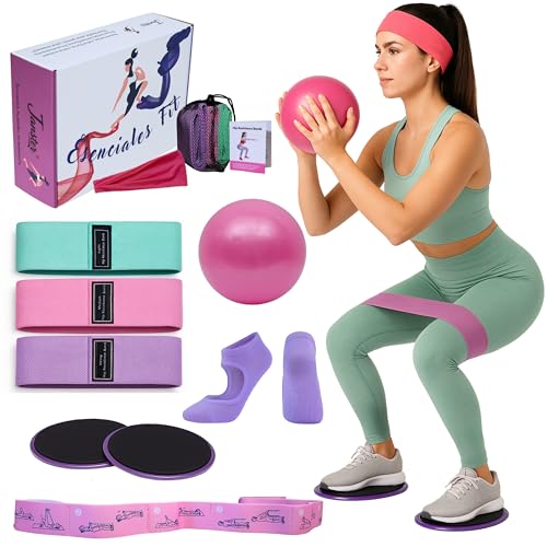 Kit Deporte Mujer, Gimnasia, Ejercicio en Casa, Kit Pilates. Bandas Elasticas Musculacion, Cinta Elastica, Pelota 25cm, Calcetines Yoga. Regalo Mujer. Gluteos Aumentar (Pack Bajo Impacto)