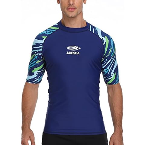 AXESEA Men's Short Sleeve Solid Sun Protection Rashguard Swim Shirt UPF 50+ (M, Blue) Cover