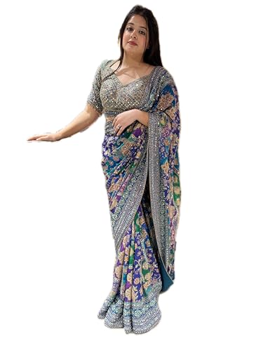 Image of Vinayak Textile Women's Blue Green Pink Multicolored Ajrak Digital Prined Real Mirror And Latkan Worked Saree With Blouse
