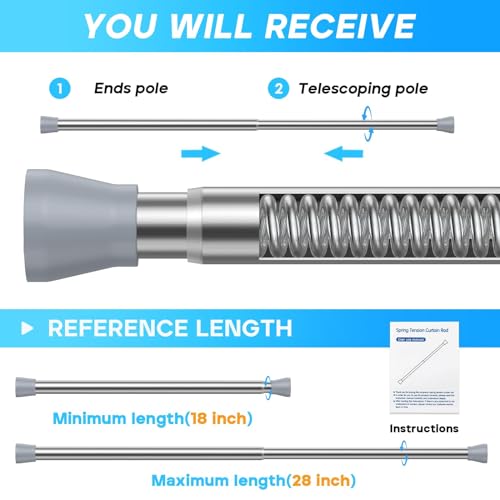 Image of Tension Rod 16 to 26 Inch Sliver Tension Curtain Rod No Drill Spring Tension Rod 2pack Small Tension Rod for Cupboard Closet Bookshelf Diy Projects Wardrobe Spring Loaded Curtain Rods