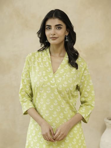 Image of GOODHAND Women Cotton Block Printed Kurta, Straight Fit Ethnic Kurti for Daily,Office & Casual Use