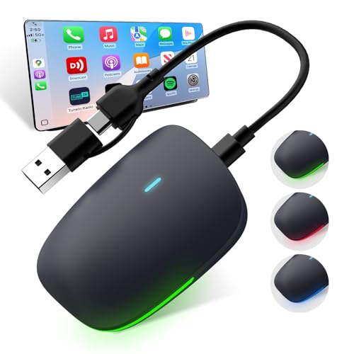Wireless Carplay Adapter for iPhone,RGB Tail-light Mini Size Bluetooth 5.3 WiFi 5.8 GHz,Plug and Play Convert Wired to Apple Carplay Wireless Adapter,Connect Stable No Delay Lag(USB-A/Type-C Port)02B