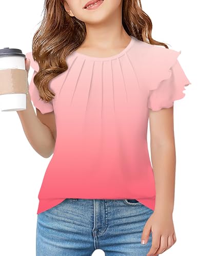 Image of Arshiner Girls T Shirts Ruffle Short Sleeve Summer Pleated Crewneck Casual Tops Tees Blouses