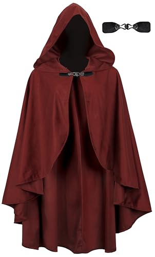 UQJE Medieval Cloak with Hood Faux Velvet Cape for Renaissance Burgundy