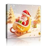 サンタゴールデンそりのクリスマスツリーキャンバスプリントリビングルームダイニングエリアの夢のようなウォールアートリビングルームダイニングエリア雪景色キャンバスペインティング65x65cmインナーフレーム