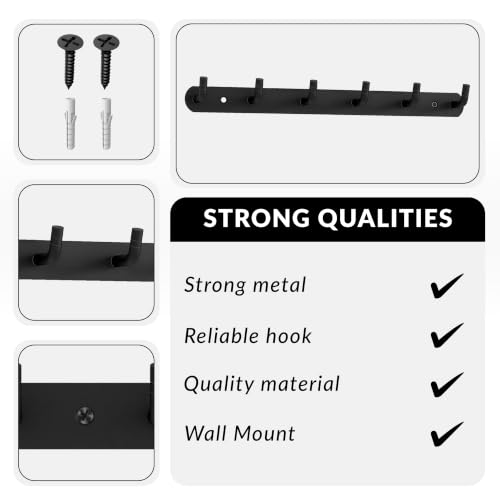Image of Plantex Wall Hooks for Hanging Cloth /Stainless Steel Towel Hangers /Bathroom Robe Hooks /Door Hangers /Wall Hook Rack /Hook Rail for Hanging Keys - 6 Hooks (Pack of 3, Black)