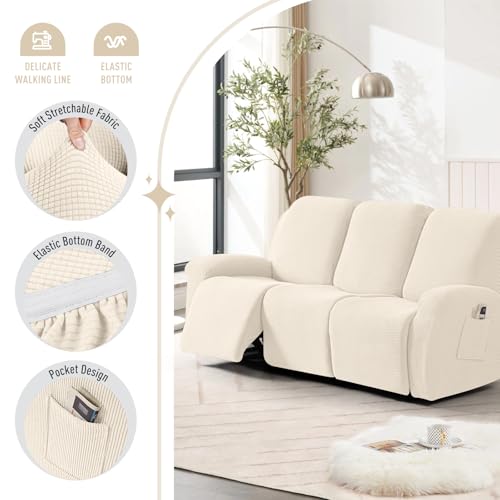 Image of TAOCOCO Recliner Sofa Covers 8-Pieces Stretch Large Couch Covers for 3 Seats Reclining Slipcovers Soft Jacquard Pattern Furniture Protector (Beige)
