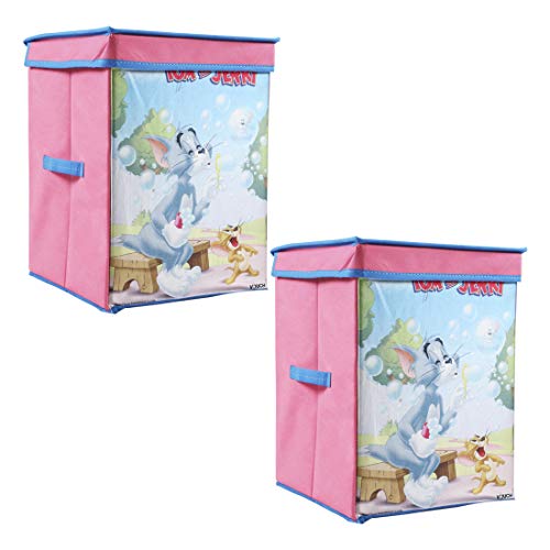 Image of PrettyKrafts Tom and Jerry Kid's Fabric Toys Organizer with Top Lid (Pink, Big) - Set of 2 Pieces