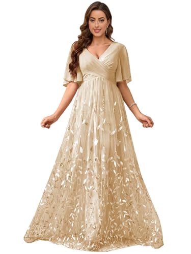 Chiffon Mother of The Bride Dresses V-Neck Bridesmaid Dress Sequin Formal Wedding Guest Dresses with Sleeves