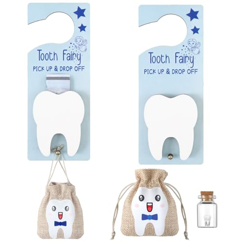 Image of DoubleFill Fairy Tooth Gift Holder Bag Door Hanger Lost Teeth Keepsake Box Tooth Fairy Kit Stores Back to School Gift for Lost Teeth Boy Girl Primary School Classroom Gifts(Classic,Blue Brown)