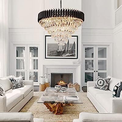 Image of Modern Crystal 800mm Chandelier Black and Gold Chandelier Round Chandeliers Pendant Ceiling Light Fixture Flush Mount Chandelier for Dining Room Living Room Bedroom Foyer Hallway Entryway