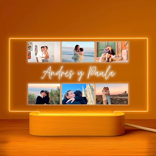 Cristal Plaque Lámparas Personalizadas con 6 Fotos y Dedicatoria Central – Lámpara para Fotos en Metacrilato Transparente con Luz LED – Regalo Único para Parejas, Aniversarios, Celebraciones
