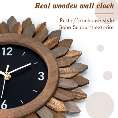 Honiway Wall Clock Battery Operated 12 In Rustic Wood Boho Sunburst Decorative Wall Clock Silent Non Ticking Farmhouse Small Wall Clocks For Living Room Kitchen Bathroom Bedroom Decor thumb #1