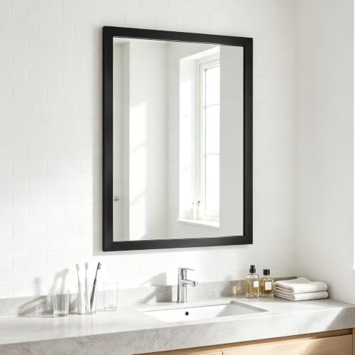 Image of Rectangular Wall Mirror 28x20 Inch Bathroom Mirror for Over Sink, Black