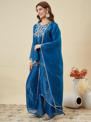 Image of MOKOSH Women's Silk Embroidered Peplum Kurta Sharara with Dupatta | Kurta Set | Ethnic Wear |Round Neck Full Sleeve Kurta | 3 Piece Outfit |Embroidered