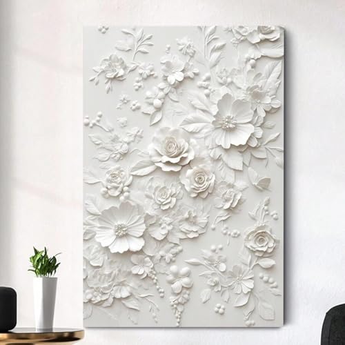YUSUZHU Dipinto su tela floreale bianco, decorazione da parete con fiori in rilievo, elegante decorazione per la casa, stampe botaniche, per soggiorno e bagno, 30x45 cm senza cornice