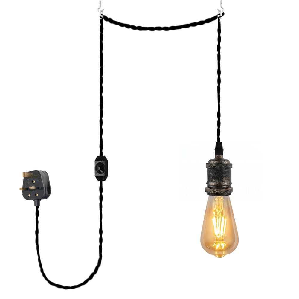 FSLiving 4.5 Meters of Black Twisted Fabric Cable Plug In Pendant Lighting Kit Pendant Light Fitting with Dimmer Switch and E27 Rusty Gold Lamp Holder